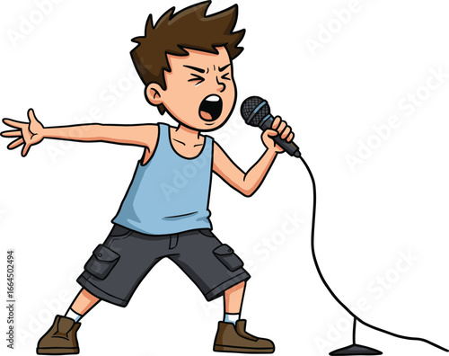 Cartoon boy singing with microphone, passionate performance on stage, music talent, kids concert, fun character illustration, energetic expression, music