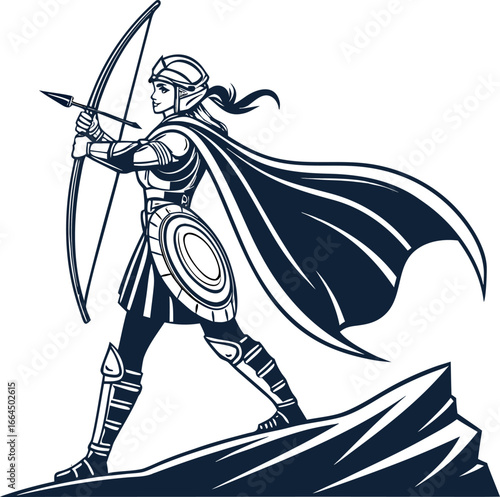female warrior archer with bow and arrow strong