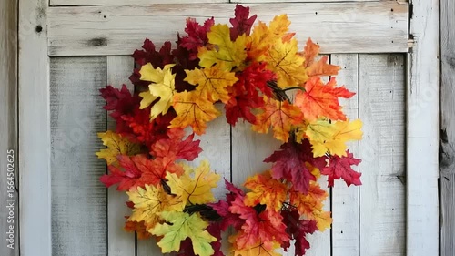 Autumn wreath on weathered wood