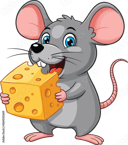 Cartoon cute mouse holding cheese, happy rodent character illustration, funny animal, smiling rat, kids educational clipart, vector isolated drawing
