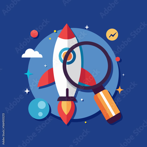 Vector art of rocket launch with magnifying glass symbolizing search and discovery