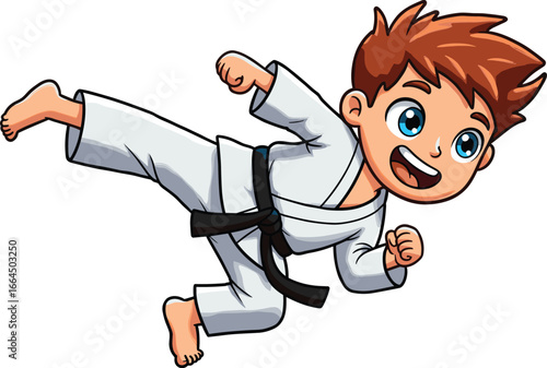 Cute cartoon boy doing karate high kick, wearing white martial arts uniform and black belt, energetic pose, kids martial art action