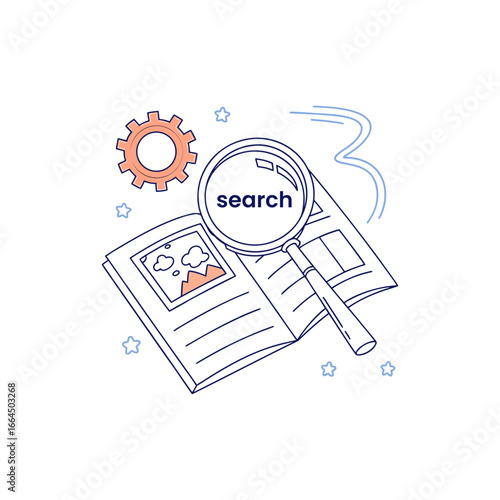Vector art of magnifying glass over open book with search text, concept of research and discovery
