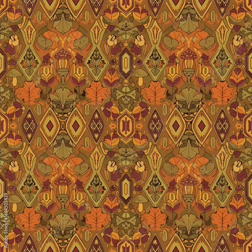 Seamless Pattern, Autumnal forest pattern with leaves, mushrooms and decorative elements design Stock royalty free image.
