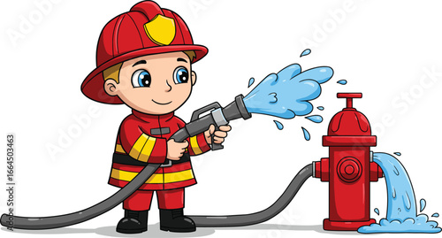 Cute cartoon boy dressed as firefighter spraying water from hose, red uniform, fire hydrant, kids fireman illustration, safety concept