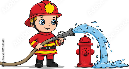 Cute cartoon boy dressed as firefighter spraying water from hose, red uniform, fire hydrant, kids fireman illustration, safety concept