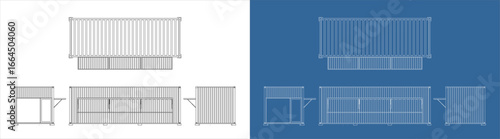 Blueprint of a Shipping Container Kiosk with Bar and Service Windows, Multiple Angles