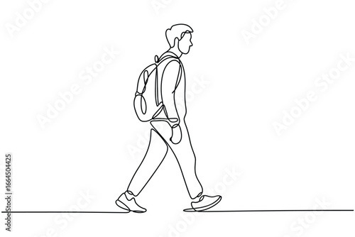 Single line drawing of a young man walking with a backpack