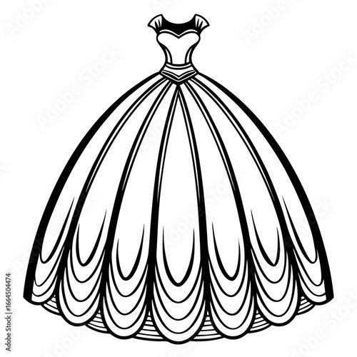 Elegant black ball gown with flowing layers isolated on white background