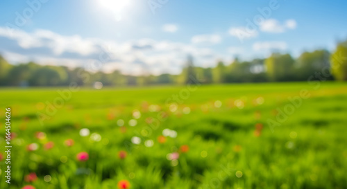 Blurred Spring Meadow, Sunny Day, Green Grass, Flowers