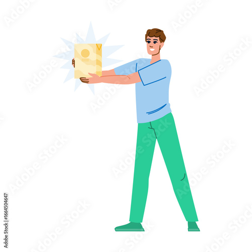 Smiling man holding glowing valuable product packaging advertising new brand