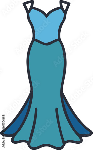 Elegant mermaid style evening gown with flared bottom isolated on white background