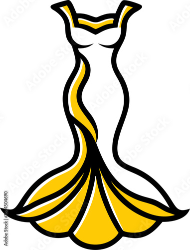 Mermaid style evening gown with flared bottom isolated on white background