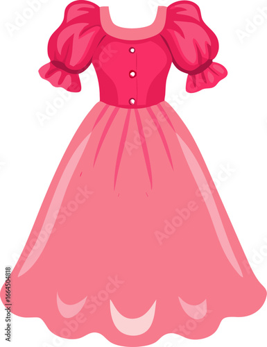 Elegant princess dress with puff sleeves and long skirt isolated on white background