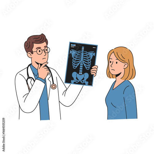 A doctor is examining an xray of a patients chest, looking at the skeleton, ribs, and lungs to diagnose any potential medical issues or diseases