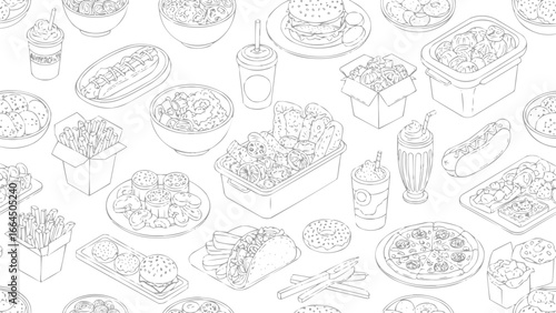 Line drawing vector of popular American cuisine dishes, vector