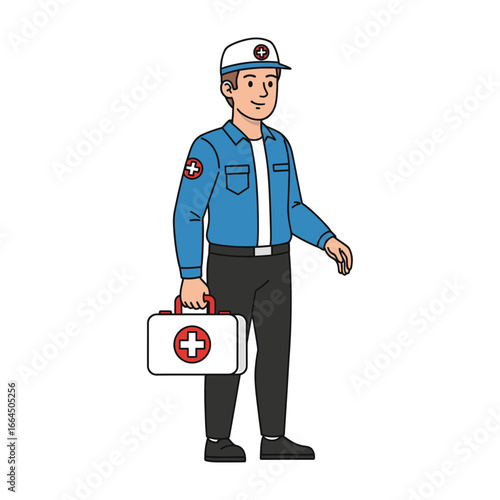 Paramedic in blue uniform holding a first aid kit, , ready to provide emergency medical assistance and healthcare, offering help and support as a professional first responder