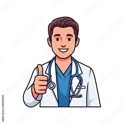 A friendly cartoon doctor in a white coat with a stethoscope gives a thumbs up, , representing healthcare, medicine, and positive patient care in a modern flat design
