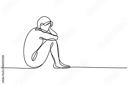 Single line drawing of a person sitting in despair