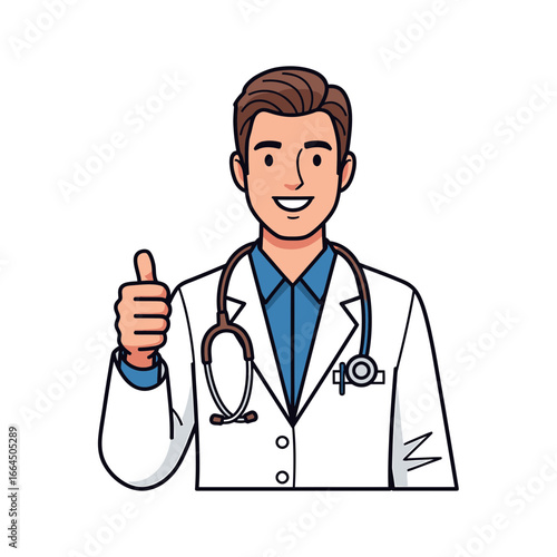 A friendly cartoon doctor in a white coat with a stethoscope gives a thumbs up, , conveying a sense of trust, expertise, and positive healthcare experience