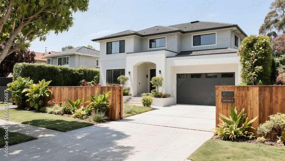 Obraz premium Modern White Two-story House with Gray Garage and Well-maintained Garden