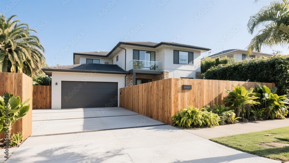 Fototapeta premium Modern Two Story House with White Exterior and Wooden Fence in Sunny Neighborhood