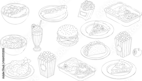 American food icons in simple outline vector format, vector