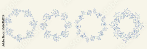 Set of blue hand drawn floral circle frame. Trendy Vintage coquette border with Magnolia branches. Botanical design template for wedding invitation, birthday card, print, holiday poster