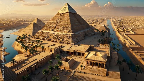 Magnificent ancient Egyptian pyramid complex with temples palm trees and flowing river under golden desert sunlight showcasing historic civilization