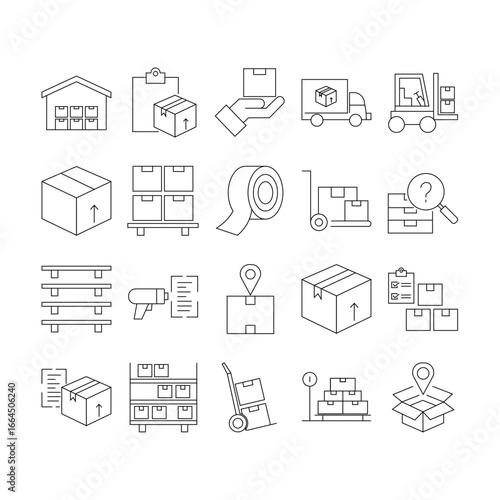 Collection of hand drawn icons representing logistics shipping delivery warehouse and supply chain operations, Editable Stroke. EPS-10.