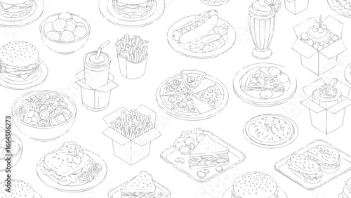 Hand-drawn outline vector of American meals and snacks, vector