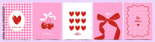 Creative concept of Valentines Day card set with hearts, cherry, bows Design template for celebration, poster, banner, ads, branding, cover, label, sale
