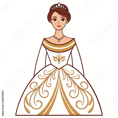 Elegant medieval queen dress with crown isolated on white background