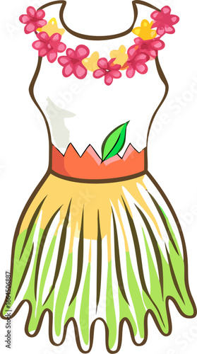 Hawaiian hula dress with flower crown isolated on white background