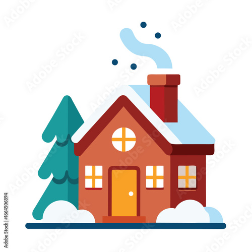 A snow covered house with chimney smoke, a cute and cozy icon for the cold winter season and holiday spirit.