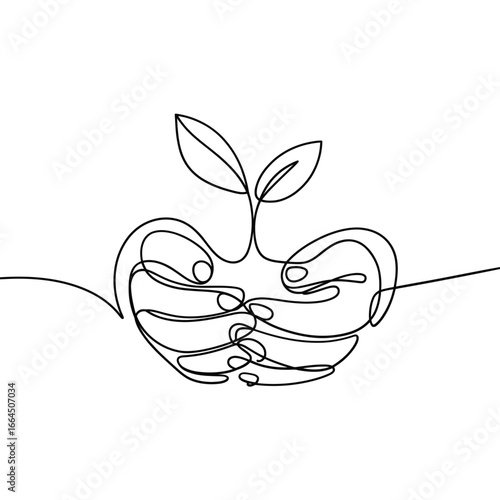 Hands gently holding a growing plant in continuous line art