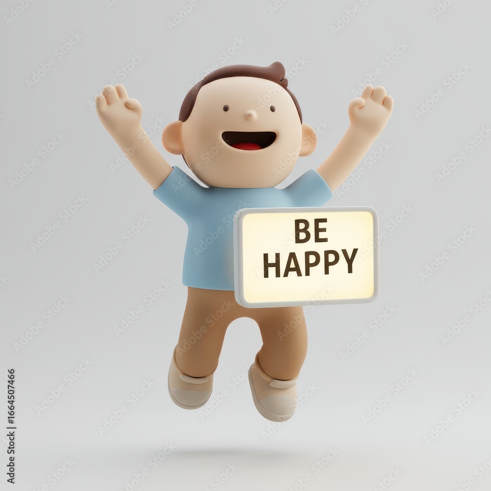 Fototapeta premium Happy 3D Boy Holding Be Happy Sign Joyful Icon Character