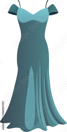 Elegant off shoulder evening gown with dramatic flowing train