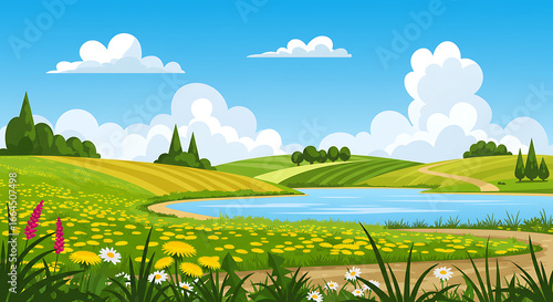 Idyllic Spring Landscape: Rolling Hills, Lake, Wildflowers