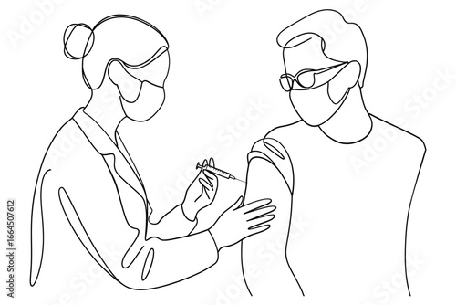 Healthcare professional administers vaccine to patient in line art style