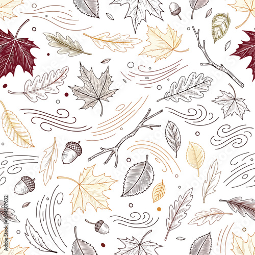 Seamless Pattern, Autumn leaves and acorns seamless pattern with hand drawn design elements Stock royalty free image.