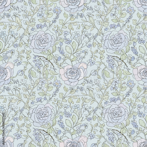 Seamless Pattern, Seamless floral pattern with roses and forget-me-nots in pastel colors Stock royalty free image.