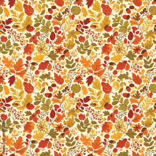 Seamless Pattern, Autumn leaves pattern illustration features fall foliage, acorns and berries Stock royalty free