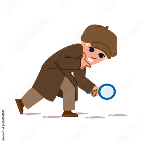 Young detective following footprints with magnifying glass