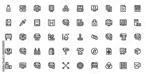 Printing icon set. Vector illustration. Print design symbols collection. Includes printer, ink, CMYK, RGB, Pantone, t-shirt, poster, flyer, mug, and more. Editable stroke.