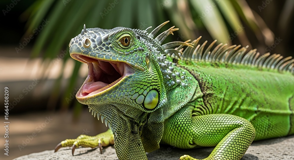 Fototapeta premium Close-up of a vibrant green iguana with its mouth wide open.