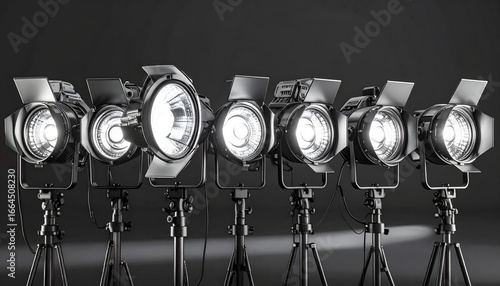 A row of bright professional studio spotlights shining on a dark stage, symbolizing the entertainment industry and being the center of attention