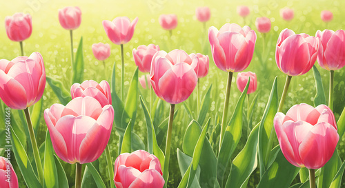 Pink Tulips Field, Spring Flowers, Sunny Meadow