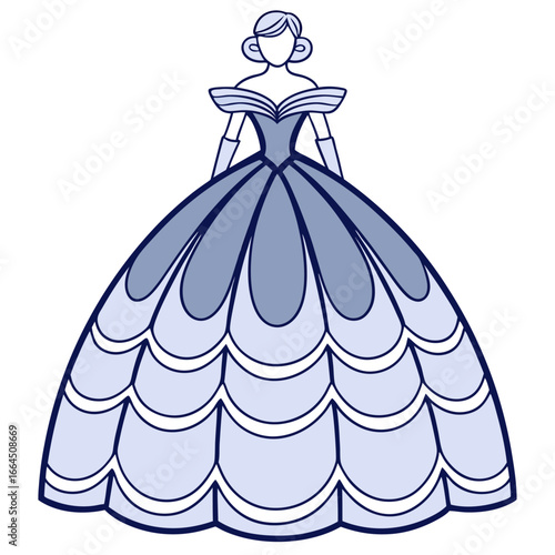 Elegant royal ballroom gown with layered ruffles and glove illustration