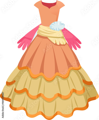 Elegant royal ballroom gown with layered ruffles and matching glove